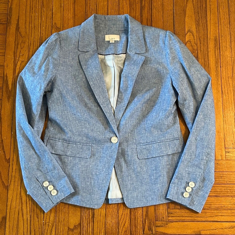 LOFT Blue Linen Blend Chambray Blazer Single Button Jacket Size 4 Preppy Classic - Picture 10 of 10